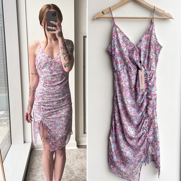 NWT BCBGeneration Ditsy Floral Mesh Ruched Mini Dress Preppy Pink Purple Size 2 - Picture 1 of 14